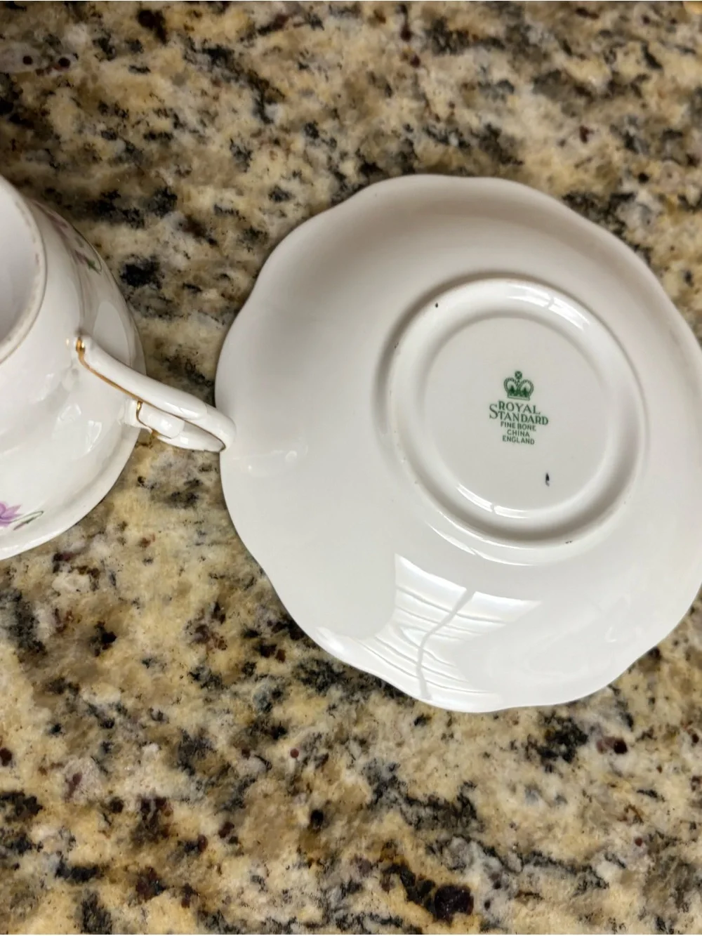 White Teacup & Saucer with Purple Floral Pattern and Gold Trim